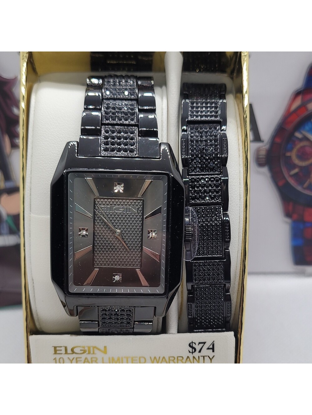 560 Elgin Men's Rectangular Quartz Analog Black Dial Metal Bracelet Watch in Box
